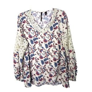 Skyes The Limit Floral Crochet Trim Balloon Sleeve Tunic Top Blouse Fairy Hippie